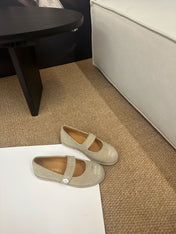 CHANEL 26S MARY JANE FLATS IN BEIGE SUEDE CC LOGO