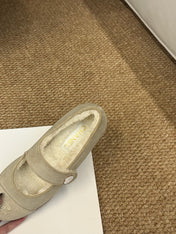 CHANEL 26S MARY JANE FLATS IN BEIGE SUEDE SHEARLING LINING CC LOGO