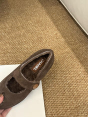 CHANEL 26S MARY JANE FLATS IN BROWN SUEDE SHEARLING LINING