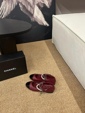 CHANEL 26S MARY JANE PEARL STRAP FLATS IN BURGUNDY RED CALFSKIN