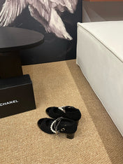 CHANEL 26S MARY JANE PEARL STRAP HIGH HEELS IN BLACK CALFSKIN