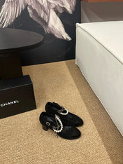 CHANEL 26S MARY JANE PEARL STRAP HIGH HEELS IN BLACK CALFSKIN