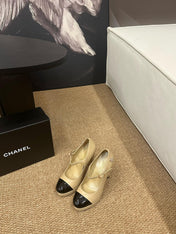 CHANEL 26S MARY JANE HEELS IN BEIGE CALFSKIN WITH BLACK CAP TOE