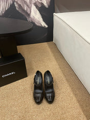 CHANEL 26S MARY JANE HEELS IN BLACK CALFSKIN CAP TOE