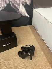 CHANEL 26S MARY JANE HEELS IN BLACK CALFSKIN CAP TOE