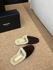 PRADA 26S SHEARLING MULE SLIPPERS IN CHOCOLATE BROWN SUEDE