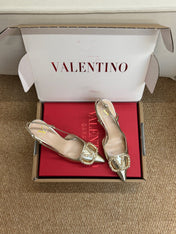 VALENTINO 26S HIGH HEEL SLINGBACKS IN METALLIC GOLD CALFSKIN WITH CRYSTAL
