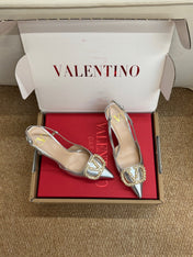VALENTINO 26S HIGH HEEL SLINGBACKS IN METALLIC SILVER CALFSKIN WITH CRYSTAL
