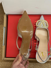 VALENTINO 26S HIGH HEEL SLINGBACKS IN METALLIC SILVER CALFSKIN WITH CRYSTAL