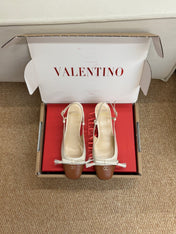 VALENTINO 26S HIGH HEEL SLINGBACKS IN BROWN AND CREAM WHITE CALFSKIN