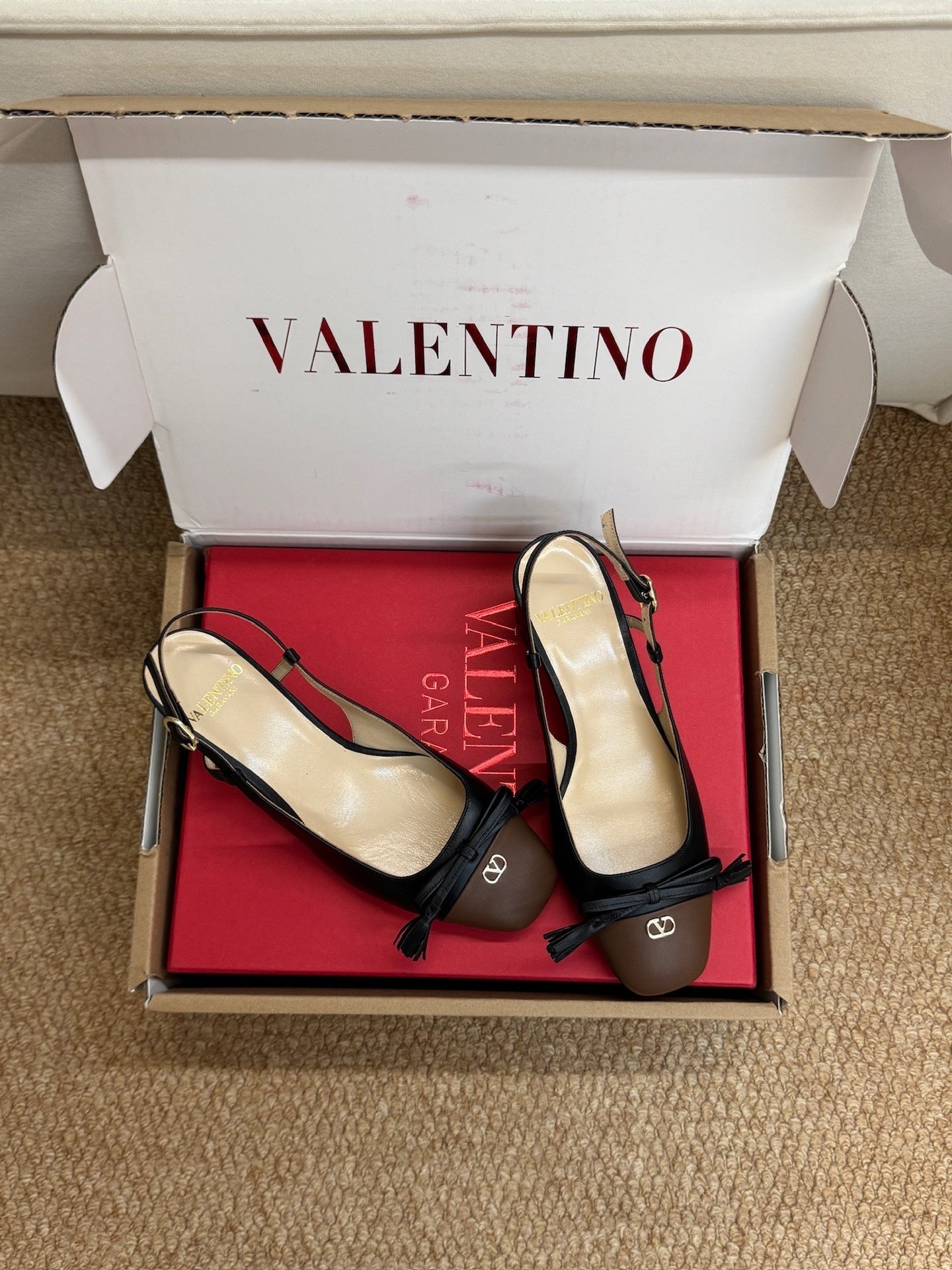 VALENTINO 26S HIGH HEEL SLINGBACKS IN BROWN AND BLACK CALFSKIN