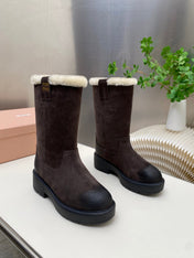 MIUMIU 26S MID CALF BOOT IN DARK BROWN  SUEDE AND SHEARLING