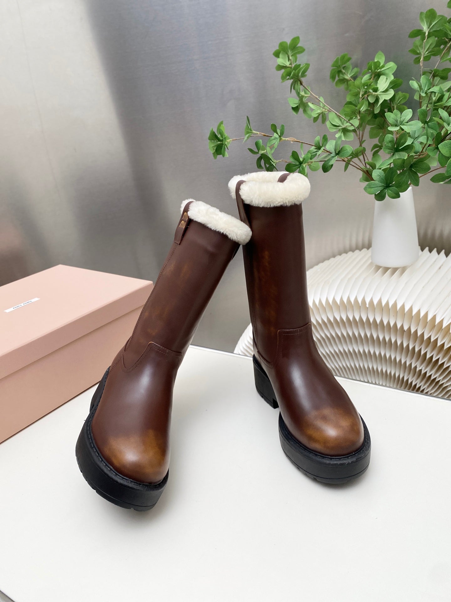 MIUMIU 26S MID CALF BOOT IN DARK BROWN CALFSKIN