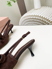 MIUMIU 26S SLINGBACK PUMPS 55MM IN DARK BROWN SUEDE WITH BOW