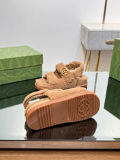 DAD SANDALS IN CIDER BROWN FLEECE WITH GOLD HARDWARE