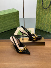 GG HIGH SLINGBACK 10.5 CM IN BLACK GLOSSY CALFSKIN WITH GOLD HARDWARE