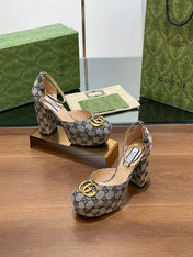 GG HIGH SANDAL 11.5 CM IN BLACK MIX BEIGE MONOGRAM JACQUARD FABRIC