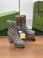GG SHORT BOOTS 11.5 CM IN BLACK MIX BEIGE MONOGRAM JACQUARD FABRIC