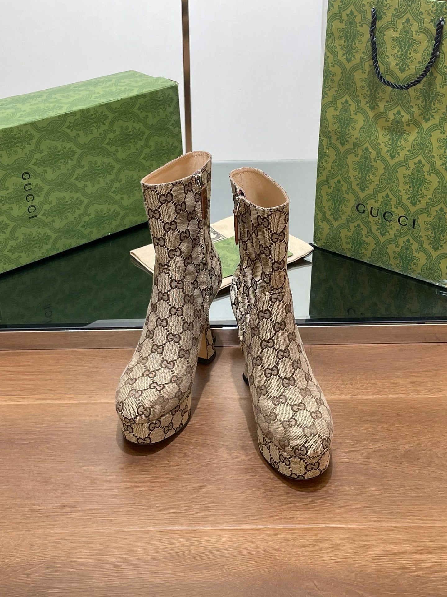 GG HIGH SANDAL 11.5 CM IN CAMEL BROWN MONOGRAM JACQUARD FABRIC