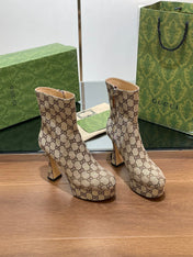 GG SHORT BOOTS 11.5 CM IN CAMEL BROWN MONOGRAM JACQUARD FABRIC
