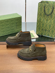 GG WOMEN'S HORSEBIT ANKLE BOOTS 4.5CM IN KHAKI GREEN SUEDE
