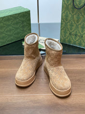GG UGG BOOTS IN CIDER BROWN EMBOSSED SUEDE AND BEIGE WOOL LINING