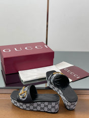 HIGH 6.3 CM WEDGE SANDALS IN BLACK CALFSKIN AND FABRIC