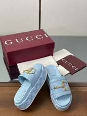 HIGH 5.5 CM WEDGE SANDALS IN BLUE CALFSKIN AND FABRIC