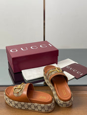 HIGH 5.5 CM WEDGE SANDALS IN BURNT BROWN MIX BEIGE CALFSKIN AND FABRIC