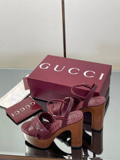GUCCI 26S DOUBLE G LOGO PLATFORM SANDAL HEELS 130MM IN BURGUNDY RED CALFSKIN