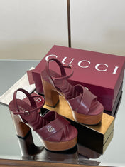 GUCCI 26S DOUBLE G LOGO PLATFORM SANDAL HEELS 130MM IN BURGUNDY RED CALFSKIN
