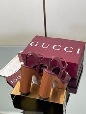 GUCCI 26S DOUBLE G LOGO PLATFORM SANDAL HEELS 130MM IN BURGUNDY RED CALFSKIN