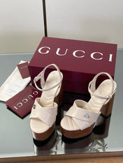GUCCI 26S DOUBLE G LOGO PLATFORM SANDAL HEELS 130MM IN IVORY WHITE CALFSKIN