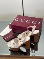 GUCCI 26S DOUBLE G LOGO PLATFORM SANDAL HEELS 130MM IN IVORY WHITE CALFSKIN