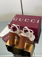 GUCCI 26S DOUBLE G LOGO PLATFORM SANDAL HEELS 130MM IN IVORY WHITE CALFSKIN