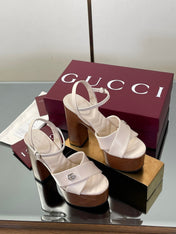 GUCCI 26S DOUBLE G LOGO PLATFORM SANDAL HEELS 130MM IN IVORY WHITE CALFSKIN
