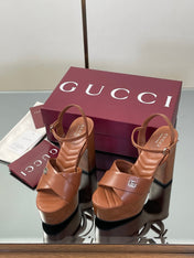 GUCCI 26S DOUBLE G LOGO PLATFORM SANDAL HEELS 130MM IN CARAMEL BROWN CALFSKIN