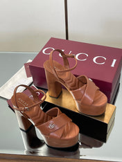 GUCCI 26S DOUBLE G LOGO PLATFORM SANDAL HEELS 130MM IN CARAMEL BROWN CALFSKIN