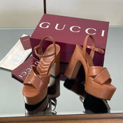 GUCCI 26S DOUBLE G LOGO PLATFORM SANDAL HEELS 130MM IN CARAMEL BROWN CALFSKIN