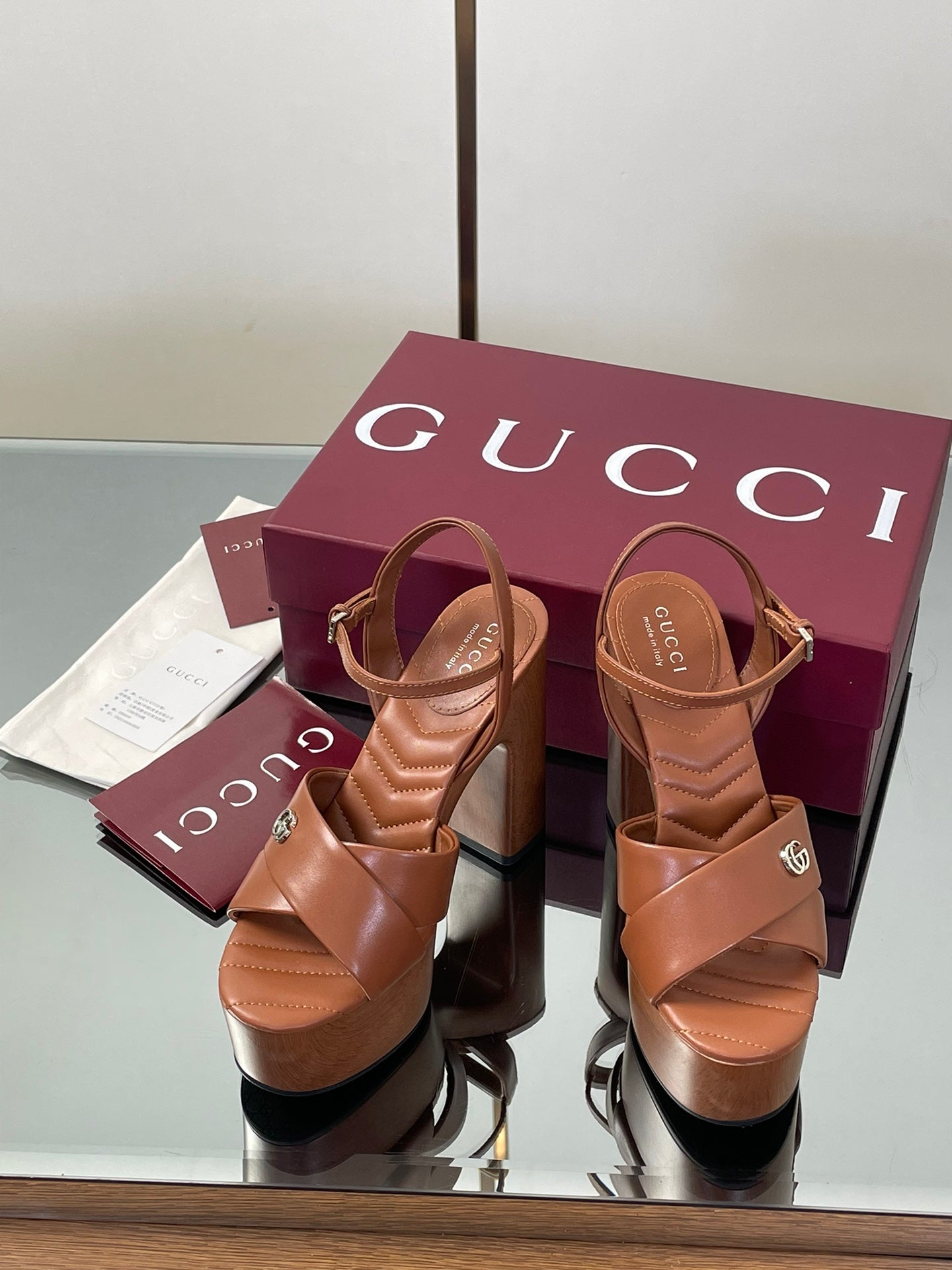 GUCCI 26S DOUBLE G LOGO PLATFORM SANDAL HEELS 130MM IN CARAMEL BROWN CALFSKIN