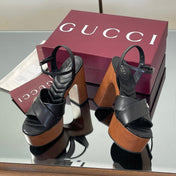 GUCCI 26S DOUBLE G LOGO PLATFORM SANDAL HEELS 130MM IN BLACK CALFSKIN