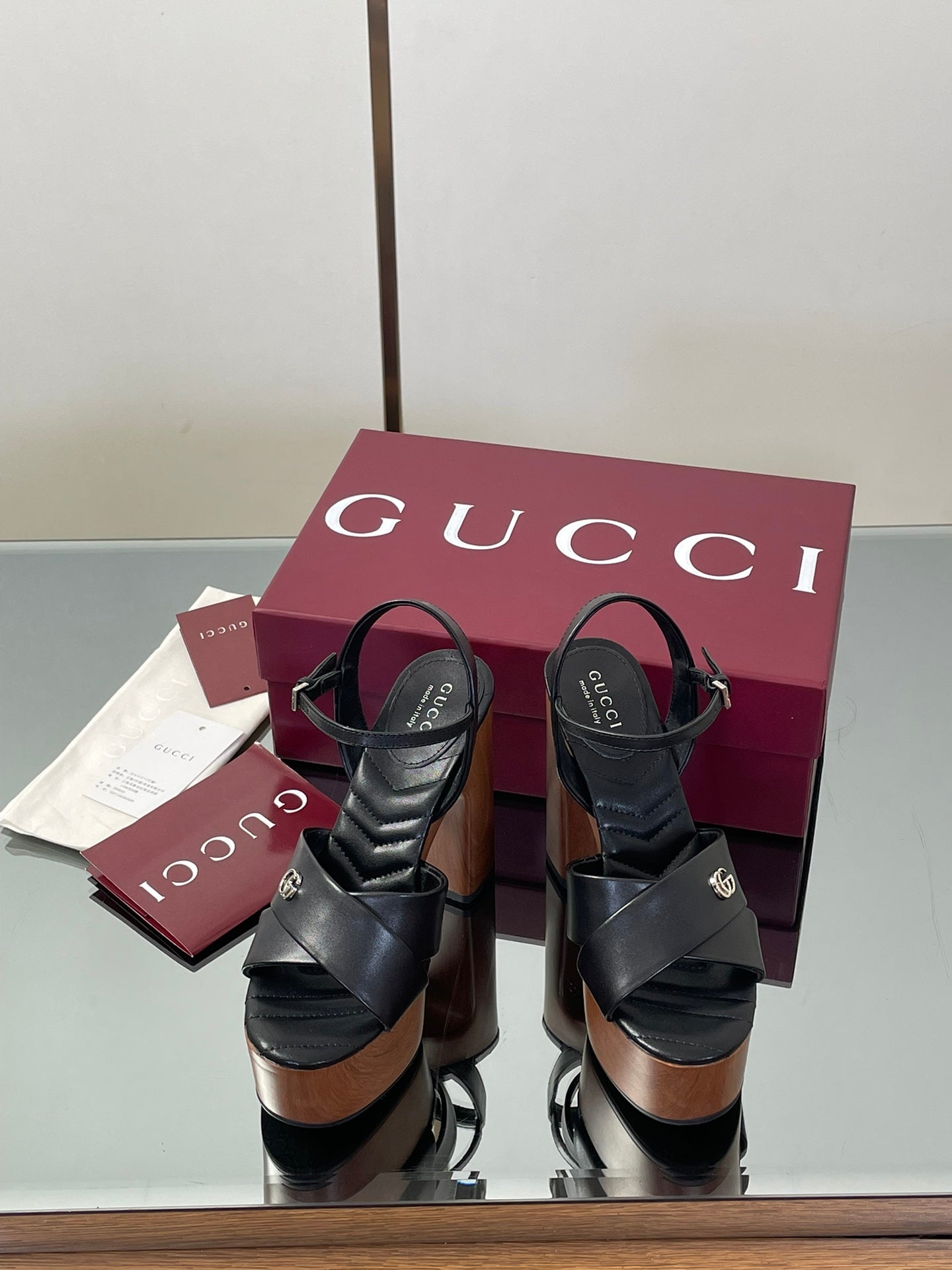 GUCCI 26S DOUBLE G LOGO PLATFORM SANDAL HEELS 130MM IN BLACK CALFSKIN