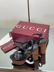 GUCCI 26S DOUBLE G LOGO PLATFORM SANDAL HEELS 130MM IN BLACK CALFSKIN