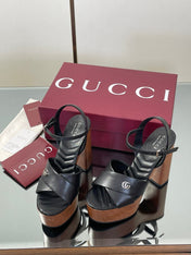 GUCCI 26S DOUBLE G LOGO PLATFORM SANDAL HEELS 130MM IN BLACK CALFSKIN