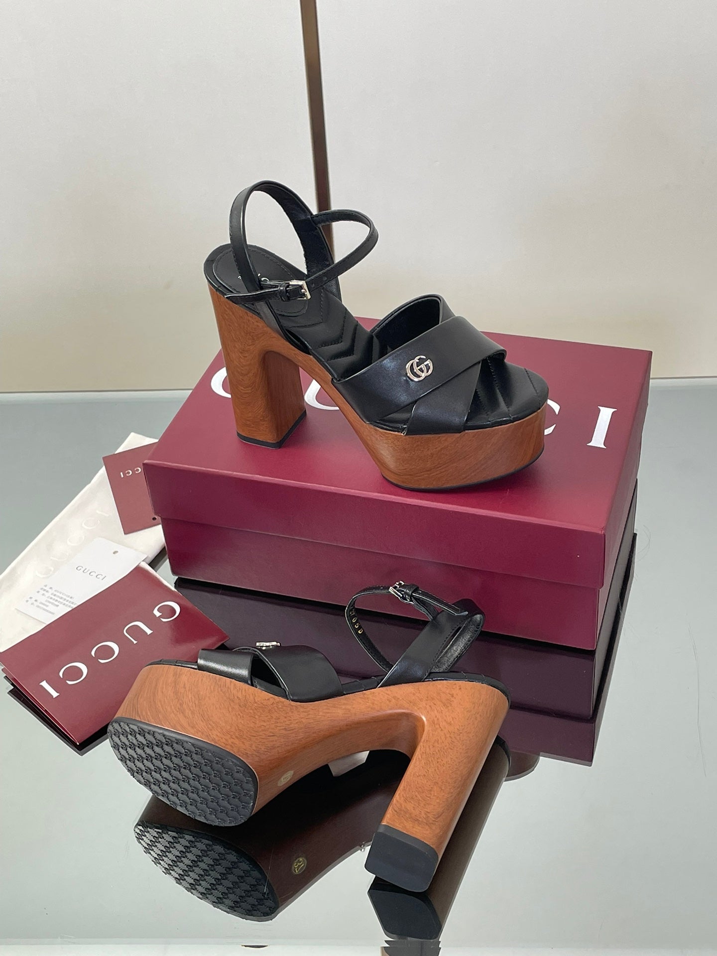 GUCCI 26S DOUBLE G LOGO PLATFORM SANDAL HEELS 130MM IN BLACK CALFSKIN