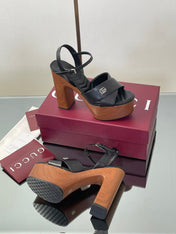 GUCCI 26S DOUBLE G LOGO PLATFORM SANDAL HEELS 130MM IN BLACK CALFSKIN