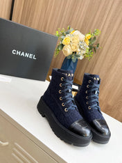 SHORT BOOTS IN DENIM BLUE TWEED AND BLACK CALFSKIN