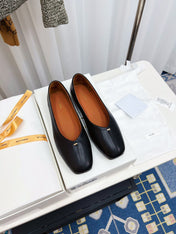 THE ROW 26S SQUARE TOE BALLET FLATS IN BLACK CALFSKIN