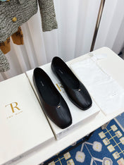 THE ROW 26S SQUARE TOE BALLET FLATS IN FULL BLACK CALFSKIN