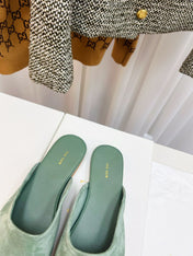 THE ROW 26S ROUND TOE MULES IN SAGE GREEN SUEDE